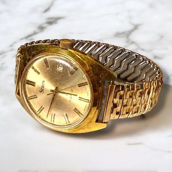 VTG Sears & Roebuck Co Watch Mens Gold Tone Manual Wind Stretch Bracelet WORKS - Picture 1 of 9